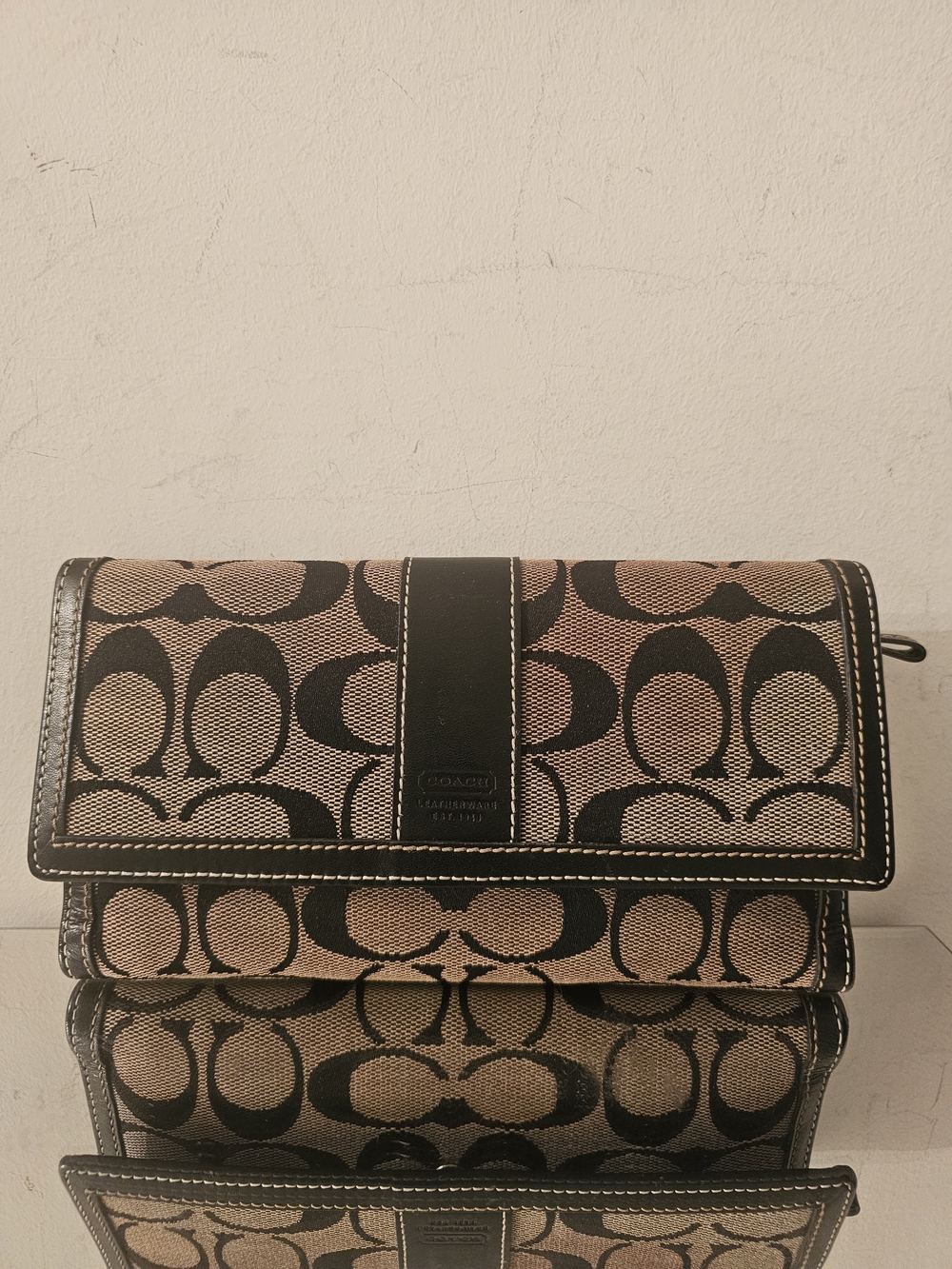 Coach Signature Canvas Fold-Over Wallet in Brown and Black